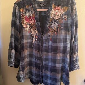 Johnny Was Blue Plaid Shirt with Floral Embroidery